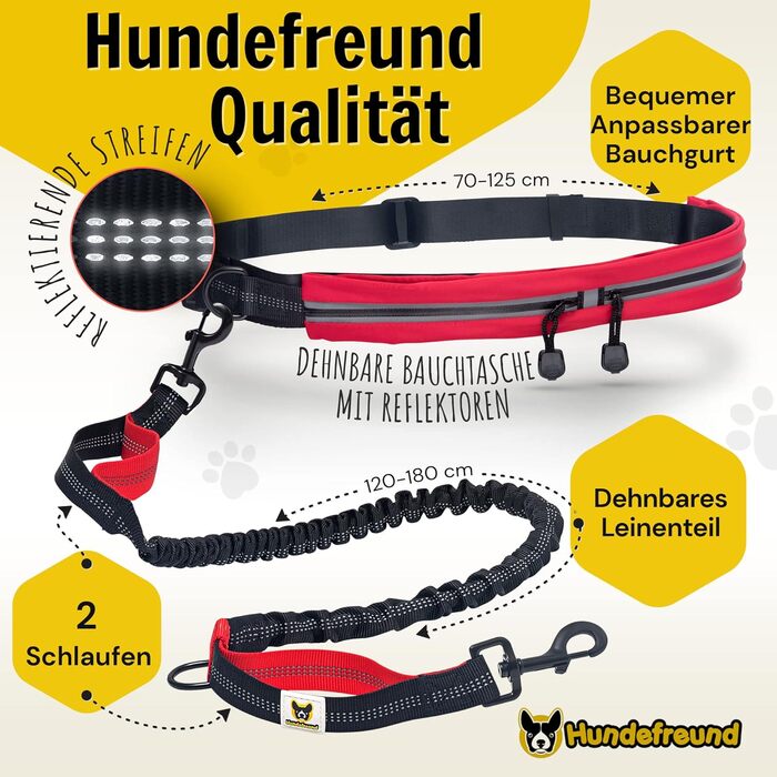 Повідок для бігу з собакою Hundefreund з поясом, червоний, еластичний, амортизаційний, відбиваючий, для середніх і великих собак до 70 кг, для бігу, прогулянок, велопрогулянок