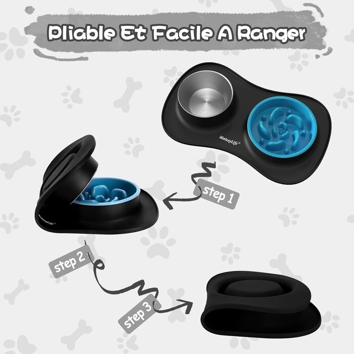 Набір мисок для собак MateeyLife 3-в-1: миска для їжі протиковзаюча, миска для води з нержавіючої сталі та силіконова підставка. Підходить для собак, котів та цуценят різних порід. Чорний колір.