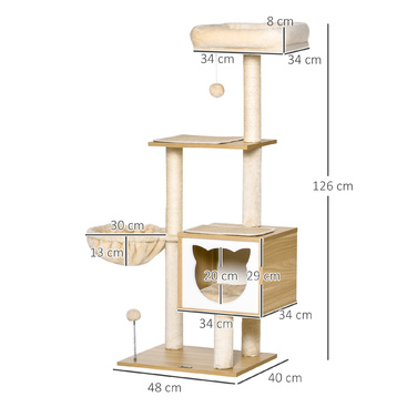 PawHut Cat Tree Бежева котяча печера з платформою висотою 126см з дерева та ДСП Сизаль для кішок