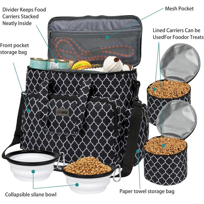 Сумка для подорожей з домашніми тваринами Baglher, велика чорна (Large, DLblack) з двома контейнерами для корму та двома силіконовими мисками