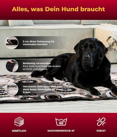 Лежак для собак HS-Hundebett, двосторонній, 75x115 см, м'який, з 3 см наповнювачем, для дивану, авто, переноски, дизайн мандала антрацит, вироблено в Німеччині