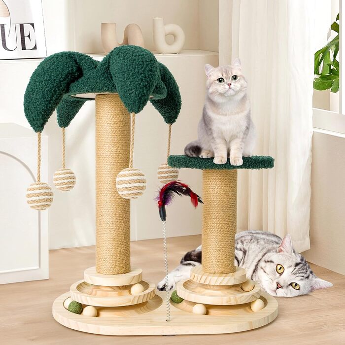 Інтерактивне котяче іграшкове комбо 6-в-1: дерев'яні меблі, кулі, пір'я, м'яч-трекер, котячий когтеточки з сизалю та джуту. Підходить для маленьких та середніх котів. Зелений колір.