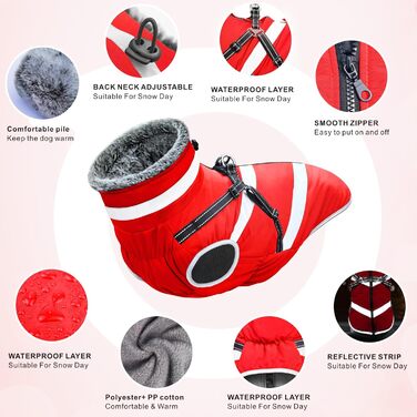 Водонепроникні куртки для собак, зимові теплі куртки для собак, одяг для домашніх тварин з відбиваючими елементами, куртки для собак у холодну погоду, затишні костюми від снігу, куртки та жилети для маленьких, середніх та великих собак (Червоний, 6XL)