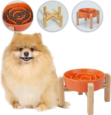 Антислизька годівниця для собак, кераміка, піднята - годівниця для собак на бамбуковому підставці, для повільного годування, для маленьких та середніх собак, білий, діаметр 17 см