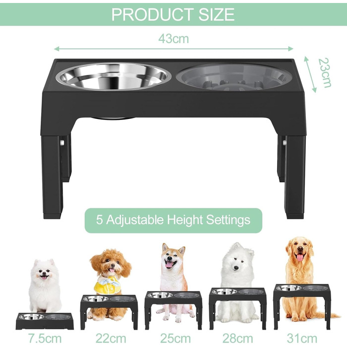 Підвищена годівниця для собак Crynvor, миска для корму та води, регульована по висоті, 5 положень, складана, для середніх та великих собак