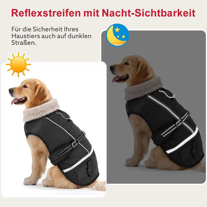 Водонепроникний зимовий одяг для собак, теплий флісовий одяг для великих собак, з регульованими плечовими ременями та світловідбиваючими смугами, підходить для лабрадорів, чорний, XL