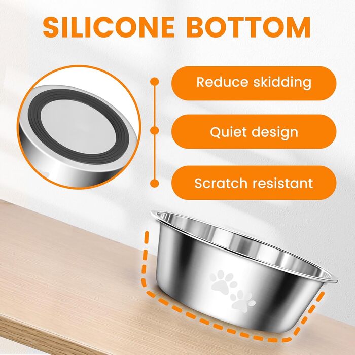 PETTOM Миски для собак з нержавіючої сталі, 2 шт. (3120 мл), миски для корму для собак великих, середніх та маленьких порід, миски для води для собак, антиковзкий силіконовий низ, розмір M - 21 см, сріблясті