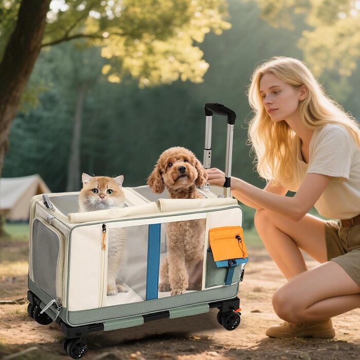 PETCUTE Транспортна сумка для тварин на 2 котиків/собачок з двома відділеннями та знімними колесами, дихаюча, для подорожей, прогулянок, кемпінгу (Бежевий+Зелений)