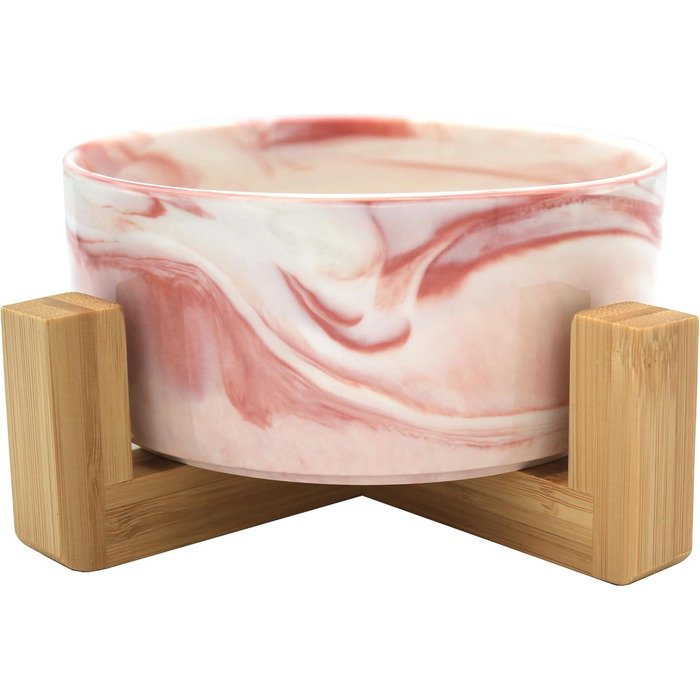 Керамічна миска для собак та котів Pet Wiz з бамбуковим підставкою, піднята миска для зручного харчування, 850 мл, 5 кольорів (Мраморний сірий, Мраморний рожевий)