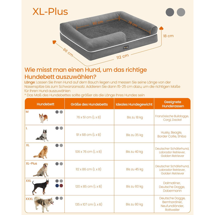 Ортопедичне ліжко для собак Feandrea, м'яке, з піднятими бортиками, 112x86x18 см, сіре