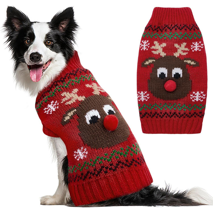 Пуловер для собак SlowTon на Різдво з оленем - теплий зимовий костюм для маленьких та середніх собак, червоно-білий (M)
