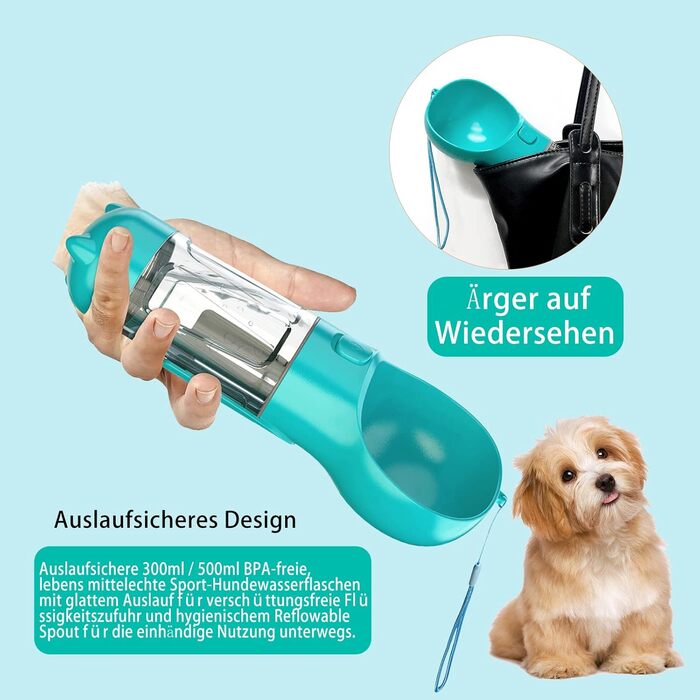 Водяна пляшка для собак Fantasybear 3-в-1 з контейнером для їжі, 300 мл, блакитна. Без BPA. Підходить для великих та маленьких собак та котів. Для прогулянок, подорожей та активного відпочинку.