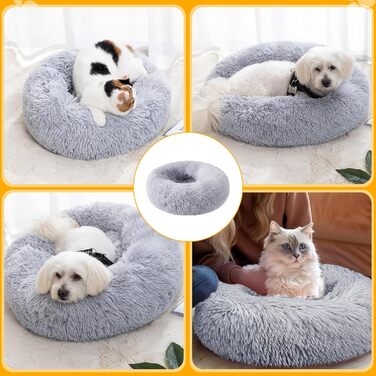 М'яке ліжко для собак середнього та маленького розміру, котяче ліжко, круглий килимок для собак, знімний та пральний килимок для собак, діаметр 50 см, довгий плюш, неслизьке ліжко для собак, диван для собак з високим бортиком, сірий колір
