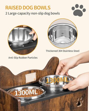 Підвищена годівниця для собак Hzuaneri з двома мисками, нержавіюча сталь, захист від бризок, антиковзаюча, безшумна, для малих та середніх собак, вінтажний коричневий, PB01601B