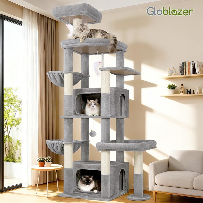 Комплекс для котів Globlazer XXL 192 см з двома печерами, платформами та стовпчиком з сизалю для великих котів (до 5) - світло-сірий