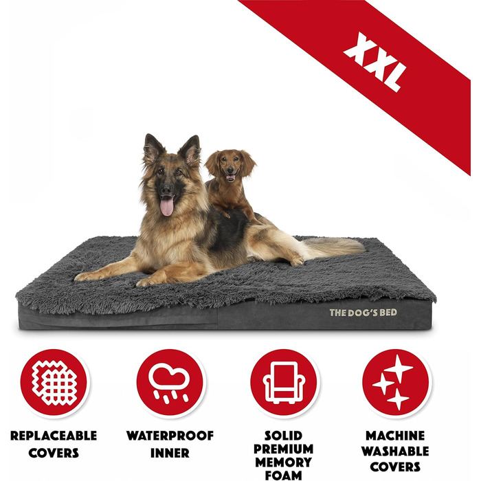 Ортопедичне собаче ліжко, велике, штучне хутро, 101 x 64 x 10 см, водовідштовхувальне, з Memory Foam, сіре (135 x 91 x 10 см)