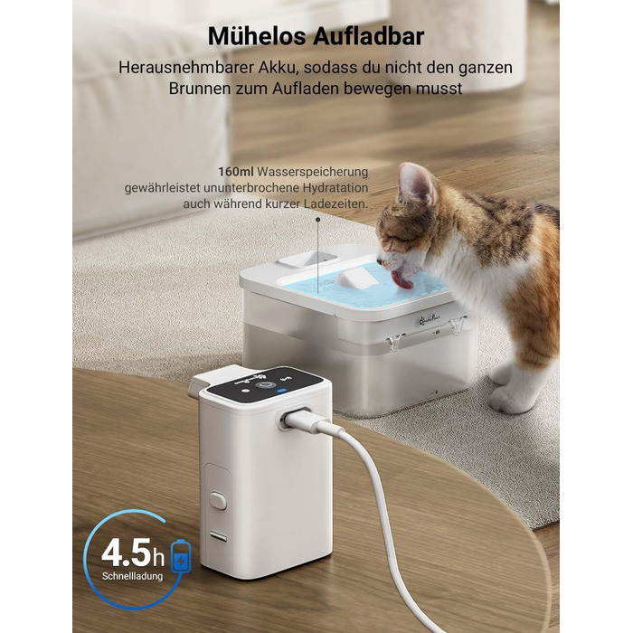 Автономний котячий фонтан DownyPaws 2.5 л з датчиком руху, бездротовий, акумулятор 4000 мАг, автоматична поїлка для котів, тиха, ABS пластик, білий