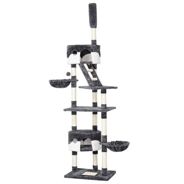 Кігтеточка Yaheetech XXL з 2 будиночками та кошиком для котів, з сизалевих стовпів, регульована висота 228-255 см, темно-сіра