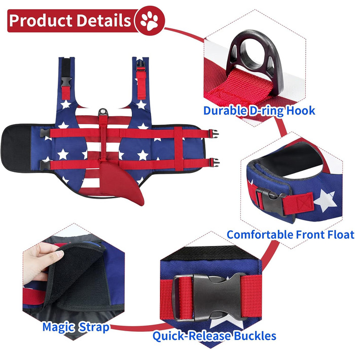 Жилет для плавання собак Malier, Ripstop, американський прапор, для собак малих, середніх та великих порід, для плавання, катання на човнах, блакитний та червоний