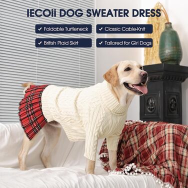 Теплий зимовий пуловер для собак великих порід IECOii, червоний, з отвором для повідка, в'язаний з косами, XXXL (71 см)