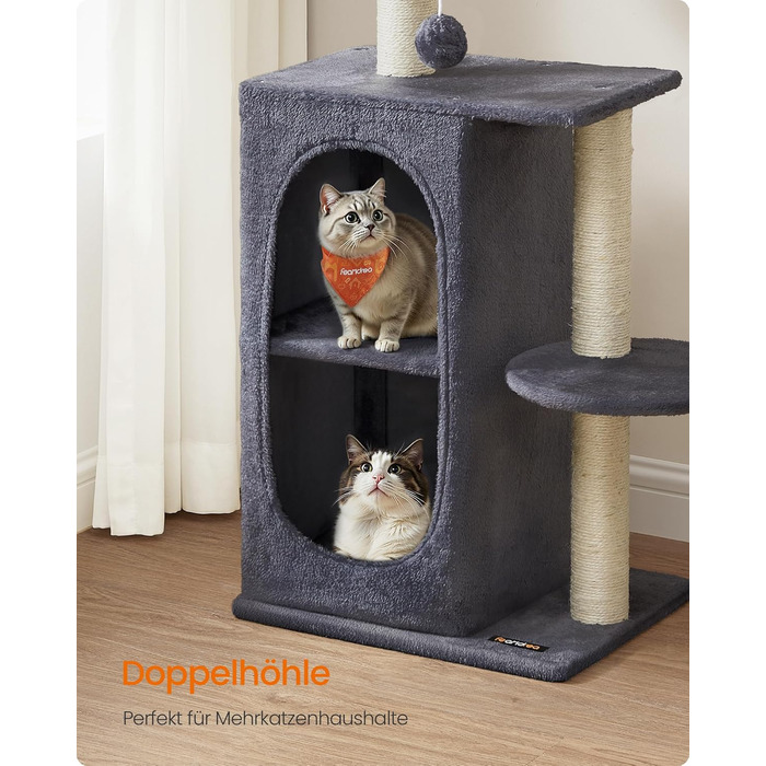 Дряпка для котів Feandrea, кігтеточка з 2 будиночками, кігтеві стовпи, для кількох котів, кошенят, сіра (PCT005G01)