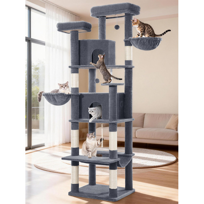 Драбина для котів Kratzbaum Groß 216 см, XXL розмір, стабільна з крізьолунами, 2 затишні будиночки, 2 платформи, 2 кошики, гамак, для дому, FPMS007FG1 (60 x 50 x 216 см, темно-сірий)