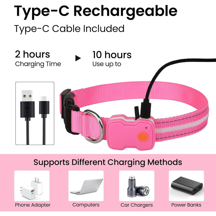 Світлодіодна нашийник для собак ASBRILL, перезарядна, 7 кольорів RGB, 8 світлодіодів, регульована, вологостійка, для маленьких, середніх та великих собак, (M, Рожевий)