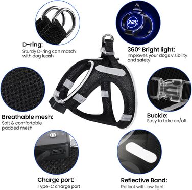 Світловідбиваючий нашийник для собак з LED-підсвічуванням PcEoTllar, перезаряджається, дихаючий, для маленьких та середніх собак, зелений (3 режими) (S, чорний (9 режимів))