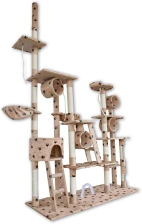 Кігтеточка BITUXX® для котів з будиночком та ігровим майданчиком, регульована висота 230-250 см (Бежевий / Лапка)