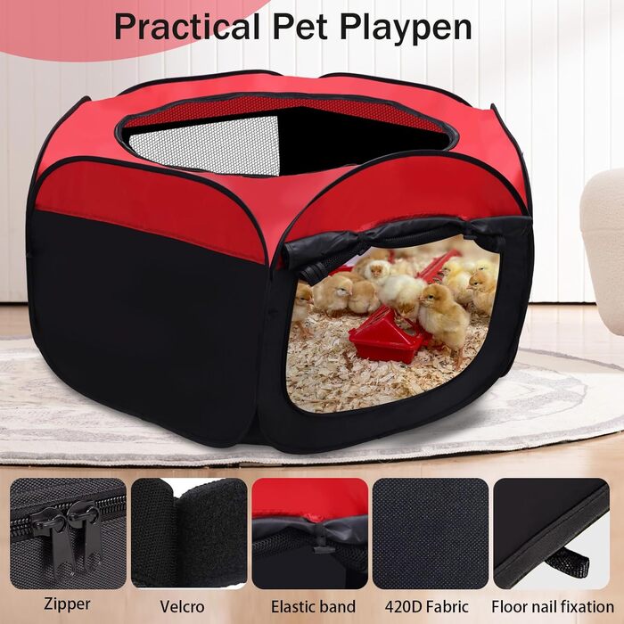 Складана переносна клітка для курчат, загон для собак, клітка-намет, клітка з килимком, клітка для собак великого розміру, матеріал Оксфорд, для дому та вулиці, червоно-чорна