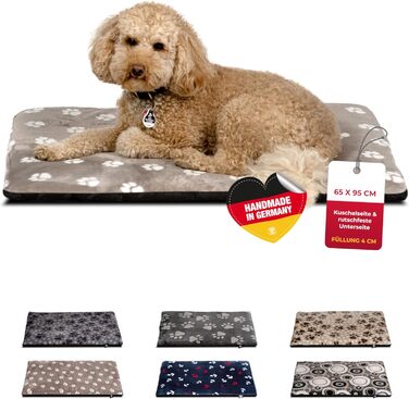Лежанка для собак HS-Hundebett® XS (45x65 см) – неслизька та затишна, з наповнювачем 3 см – ідеальна для дивану, авто та переноски – Made in DE (65 x 95 см, Tatze Beige)