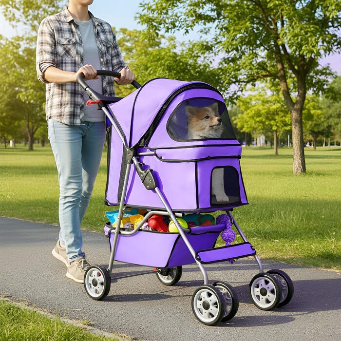 Візок для собак FDW, складний, для котів та собак, з обертовими колесами на 360°, з кошиком для зберігання, подушкою та сітковими віконцями, тримачем для напоїв, до 15 кг, фіолетовий