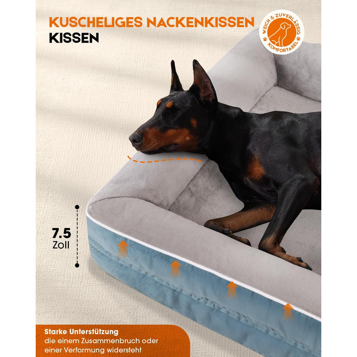 Ортопедичне ліжко для собак XL, корзина для собак, що можна прати, з яєцеподібною піною, водонепроникний диван для собак з неслизьким дном та чотиристоронньою подушкою (117x76x19 см, блакитний)