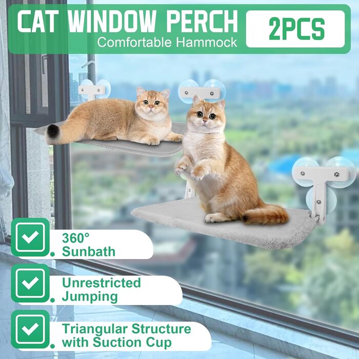 Кішка ліжко на вікно, 2 шт. - зручна гамак для котів на вікно 52x30 см з 6 присосками, розкладне ліжко для великих котів до 30 кг