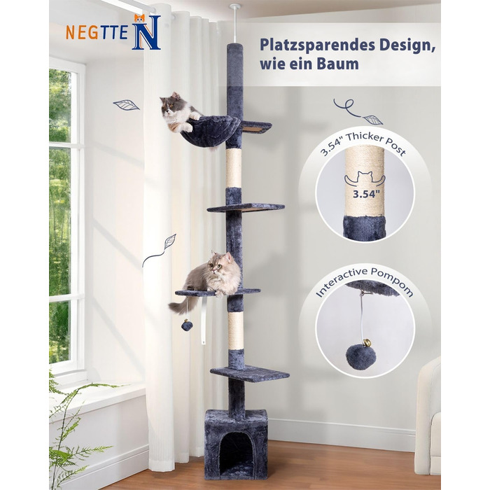 Кігтеточка NEGTTE з регулюванням висоти (230-275см) - кігтечочний комплекс з 2 кігтеточними стовпами, гамаком та будиночком. Вузька кігтеточка висотою для невеликих приміщень, система натягу стелі, страховий ремінь, темно-сірий колір
