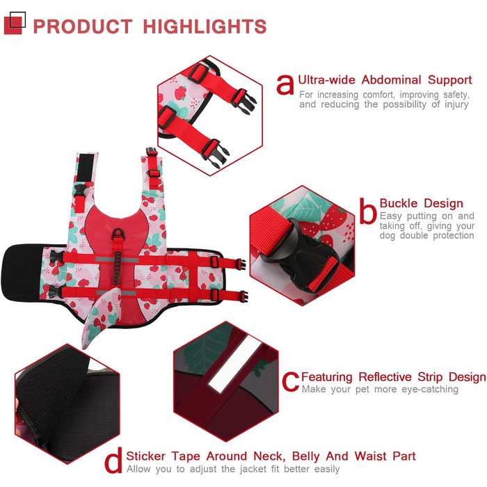 Спасальний жилет для собак AENKU: червоний (полуниця), середній розмір