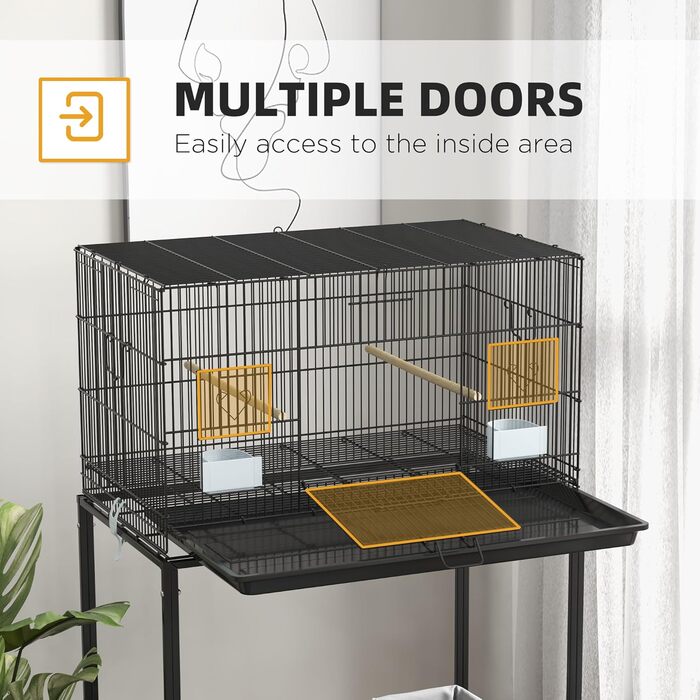 Клітка для птахів PawHut 77x46x119 см, металева, знімний піддон, жердочки, годівниці, для хвилястих папуг і канарок, чорна