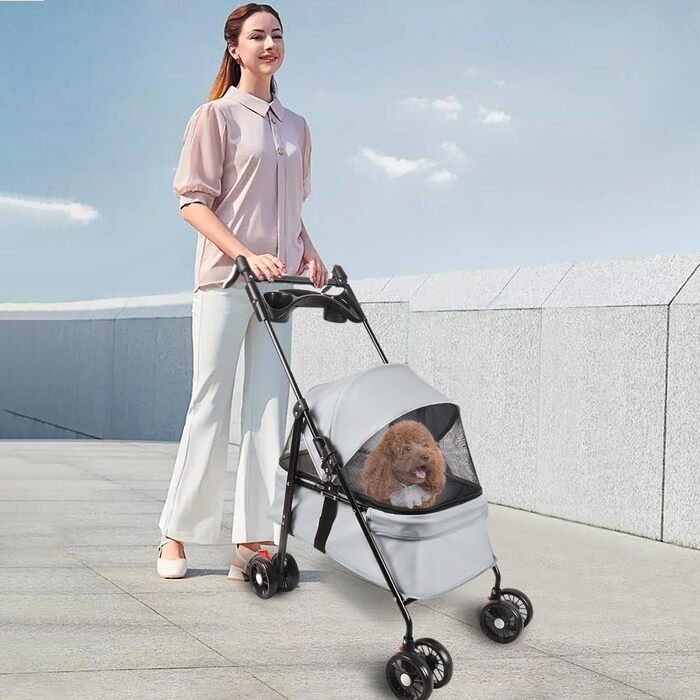 Складаний візок для тварин, 4 колеса, для собак/кішок, цуценят, 50 x 70 x 95 см (сірий)