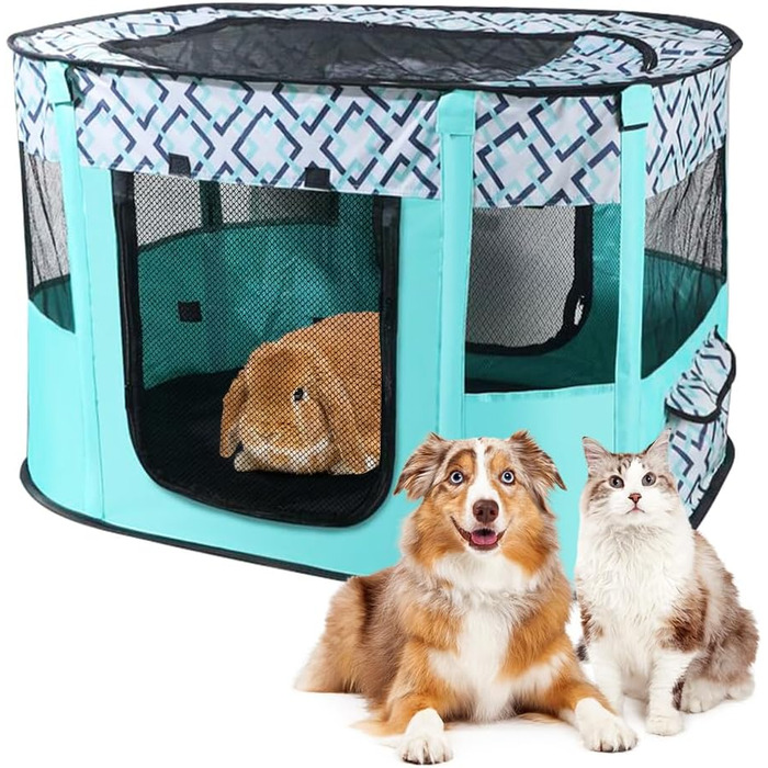 Клітка-забіг для цуценят та собак, розкладна, 70x55x40 см, зелена в клітинку