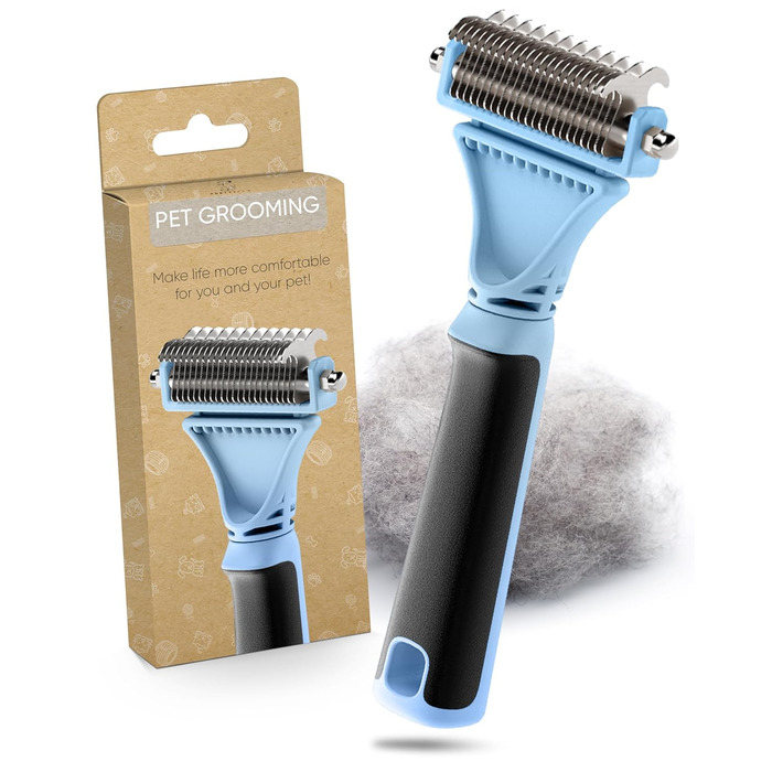 Гребінець для котів Pretty Paw®: м'яке видалення шерсті, проти ковтунів. Підходить для довгошерстих та короткошерстих котів. Масажна підшерсткова щітка. Нова, блакитна!