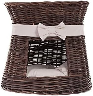 Кішка Будинок Круглий з Плетеної Лози Венге-Сірий, Двоярусний Корз для Кішки з Подушкою та Стрічкою, Кішка Тур, Темно-Коричневий_Бежевий