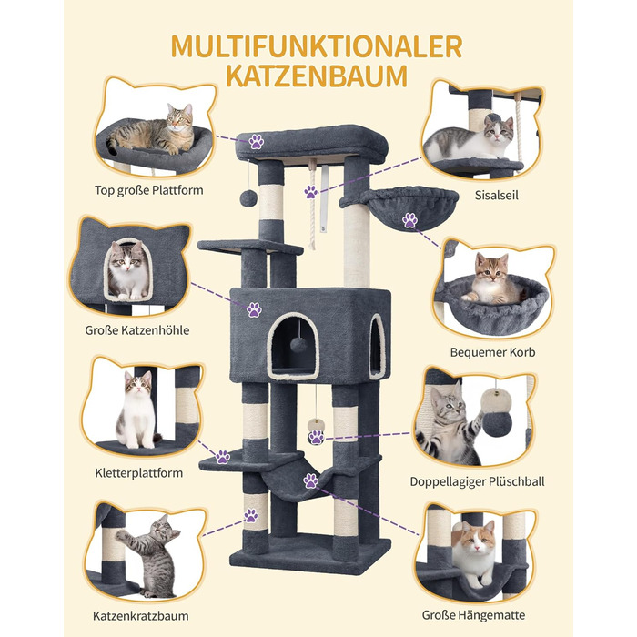 Дерево для котів Hzuaneri Kratzbaum 149 см з 5 стовпчиками для шліфування, платформами, печереєю, багатоярусне котяче ігрове дерево, помпонами, MS14918LG (темно-сірий)