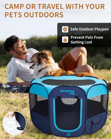 КінгКемп Переносний вольєр для собак, вольєр для цуценят, складаний вольєр для домашніх тварин, намет для собак з сумкою, для використання в приміщенні та на вулиці, знімний блискавкою низ, розмір S (вольєр для тварин з 8 панелей, блакитний)