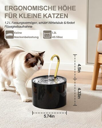 Керамічний фонтан-поїлка для котів та малих собак Kittyspout, 1.2 л, 3 режими потоку води, мідна трубка, безшумний, чорний (2 фільтри в комплекті)