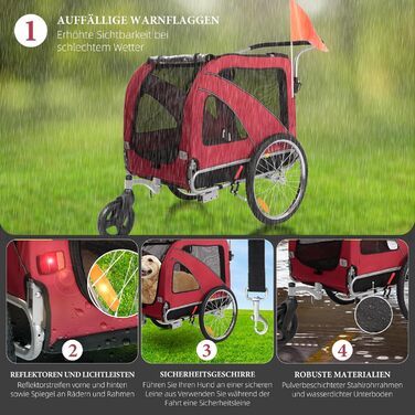 XL велосипедно-біговий перевізник для собак 2-в-1 з гальмом та світловідбивачами, 600D Oxford, до 40 кг (Червоний)