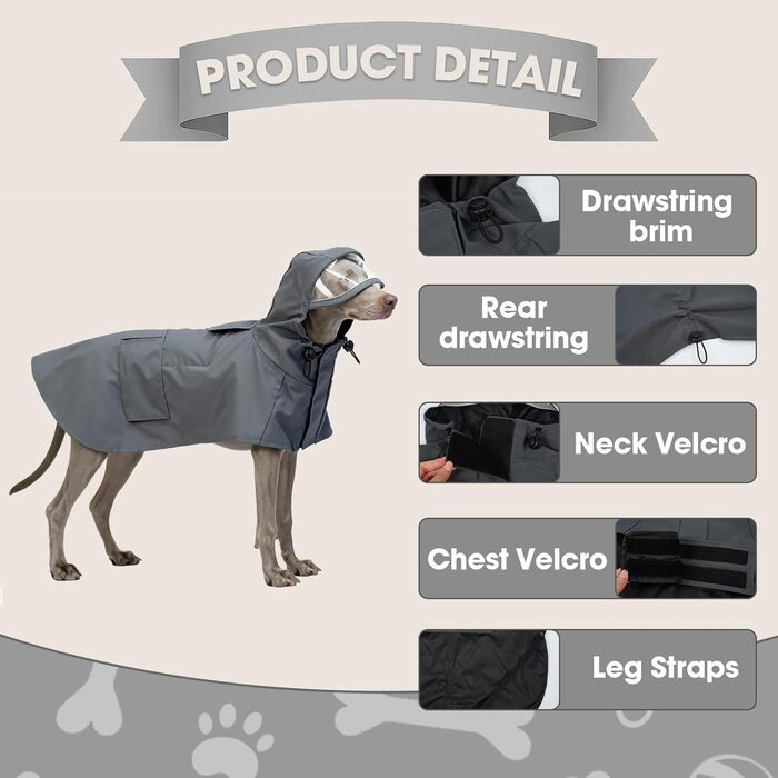 Водонепроникний дощовик для собак Regenantel з капюшоном, світловідбиваючі елементи, регульований, куртка для собак з петлями для ніг та отвором для повідка, для малих, середніх та великих собак (M, сірий)
