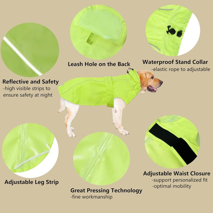 Регульований водонепроникний дощовик для собак, легка дощова куртка для тварин, одяг для цуценят з світловідбиваючими смугами для маленьких, середніх та великих собак (M) (Флуоресцентний, M)