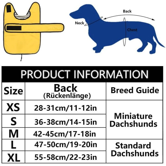 Жовтий дощовик для собак, регульований, водовідштовхуючий, для такс, з відбиваючими елементами, з реміннем на липучці, розмір M (довжина спини 42-45 см)