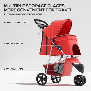 Візок для тварин: для собак та котів, 3 колеса, складний, з кошиком та тримачем для напоїв (червоний)