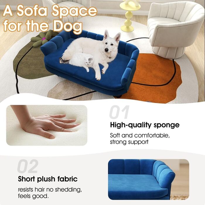 Диван для собак SEYNAR: зручний диван для великих та середніх собак, м'яке оксамитове сидіння, міцні собачі меблі для вітальні, миється, колір Navy